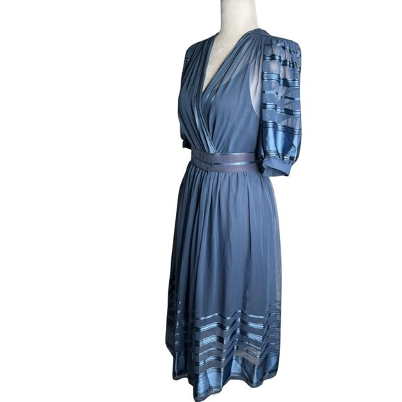 Vintage Blue Sheer Midi Dress Sz Small Metallic Striped Puff Sleeves Belted - Picture 8 of 12